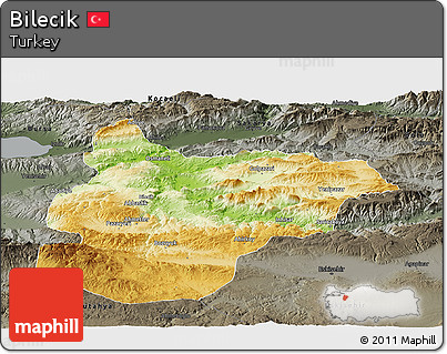 Physical Panoramic Map of Bilecik, darken, semi-desaturated