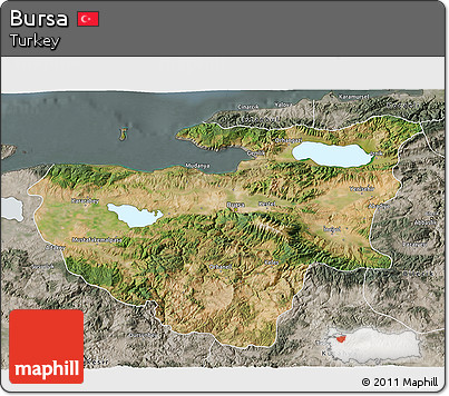 Satellite 3D Map of Bursa, semi-desaturated