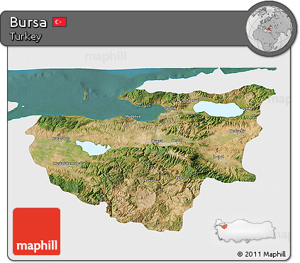 Satellite 3D Map of Bursa, single color outside