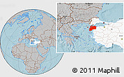Gray Location Map of Canakkale, highlighted country, hill shading