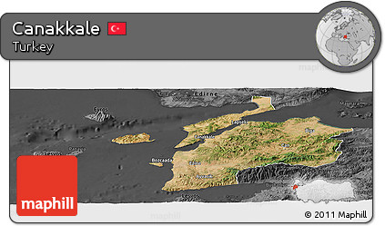 Satellite Panoramic Map of Canakkale, darken, desaturated