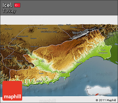 Physical 3D Map of Icel, darken