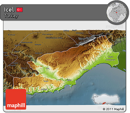 Physical 3D Map of Icel, darken