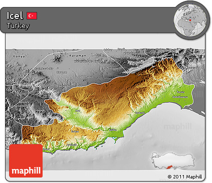 Physical 3D Map of Icel, desaturated