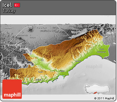 Physical 3D Map of Icel, desaturated
