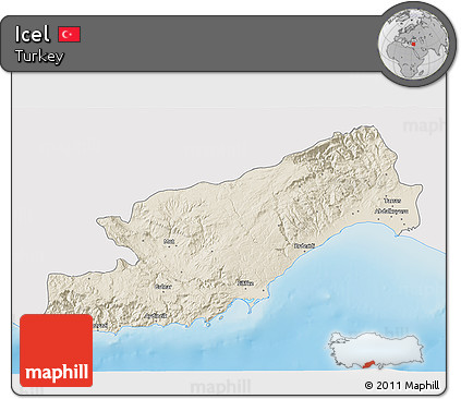 Shaded Relief 3D Map of Icel, single color outside