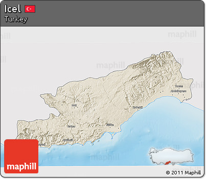 Shaded Relief 3D Map of Icel, single color outside