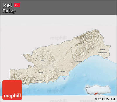 Shaded Relief 3D Map of Icel, single color outside