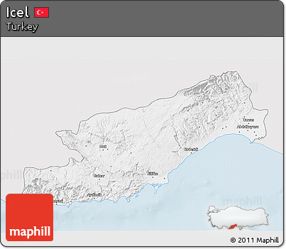 Silver Style 3D Map of Icel, single color outside
