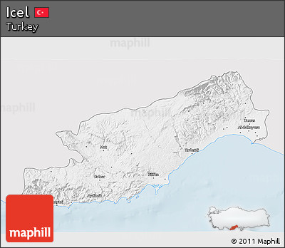 Silver Style 3D Map of Icel, single color outside