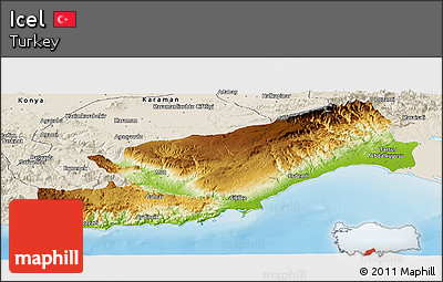 Physical Panoramic Map of Icel, shaded relief outside