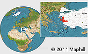 Satellite Location Map of Izmir, highlighted country