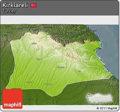 Physical 3D Map of Kirklareli, darken