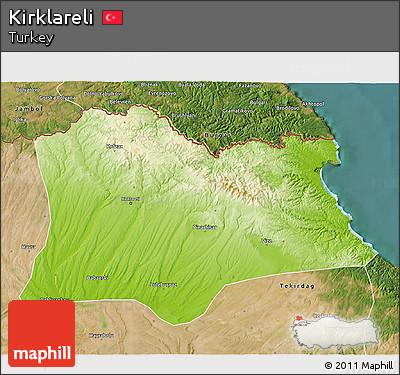 Physical 3D Map of Kirklareli, satellite outside
