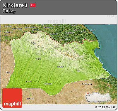 Physical 3D Map of Kirklareli, satellite outside