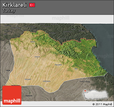 Satellite 3D Map of Kirklareli, darken, semi-desaturated
