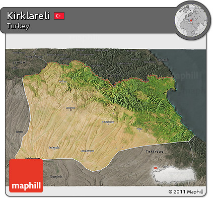 Satellite 3D Map of Kirklareli, darken, semi-desaturated