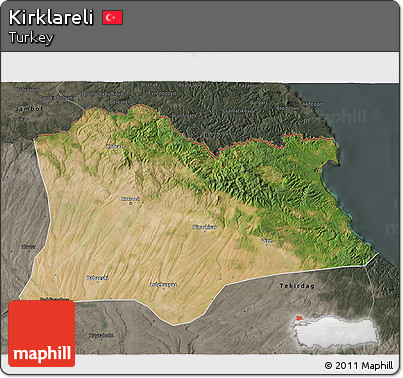 Satellite 3D Map of Kirklareli, darken, semi-desaturated