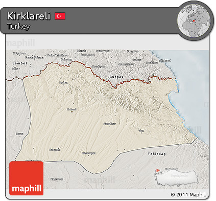 Shaded Relief 3D Map of Kirklareli, semi-desaturated