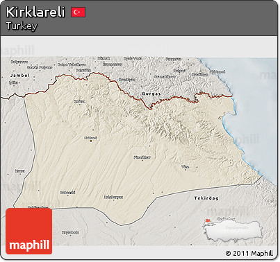 Shaded Relief 3D Map of Kirklareli, semi-desaturated