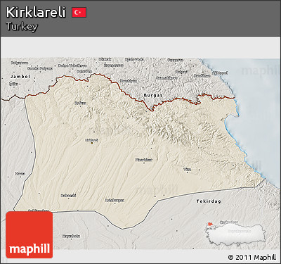 Shaded Relief 3D Map of Kirklareli, semi-desaturated