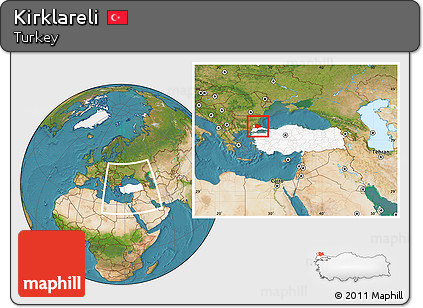 Satellite Location Map of Kirklareli, highlighted country, within the entire country