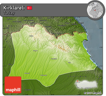 Physical Map of Kirklareli, darken