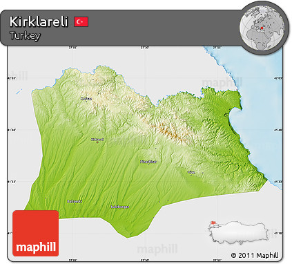 Physical Map of Kirklareli, single color outside