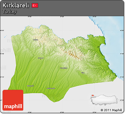 Physical Map of Kirklareli, single color outside