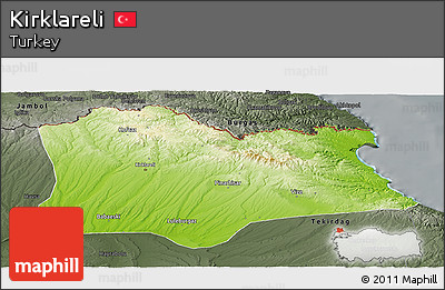 Physical Panoramic Map of Kirklareli, darken, semi-desaturated