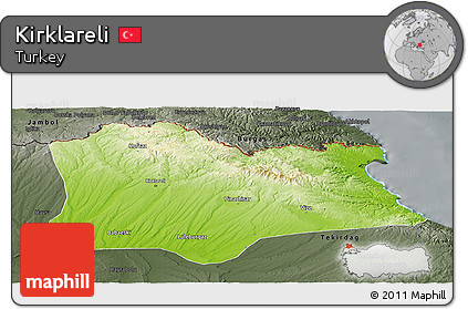 Physical Panoramic Map of Kirklareli, darken, semi-desaturated