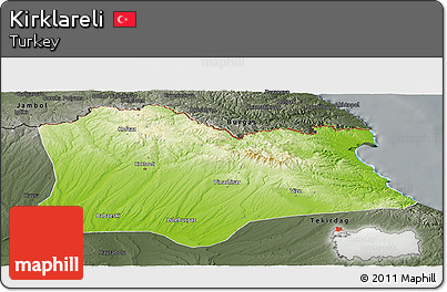 Physical Panoramic Map of Kirklareli, darken, semi-desaturated