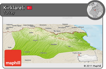 Physical Panoramic Map of Kirklareli, shaded relief outside