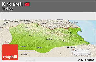Physical Panoramic Map of Kirklareli, shaded relief outside