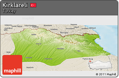 Physical Panoramic Map of Kirklareli, shaded relief outside