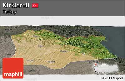 Satellite Panoramic Map of Kirklareli, darken, semi-desaturated