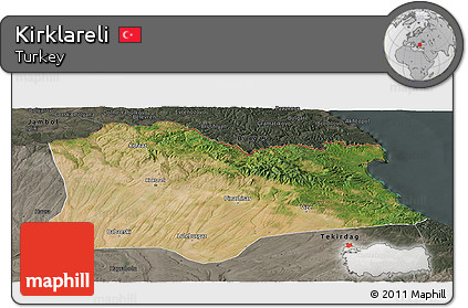 Satellite Panoramic Map of Kirklareli, darken, semi-desaturated