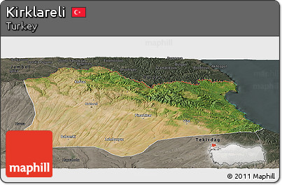 Satellite Panoramic Map of Kirklareli, darken, semi-desaturated