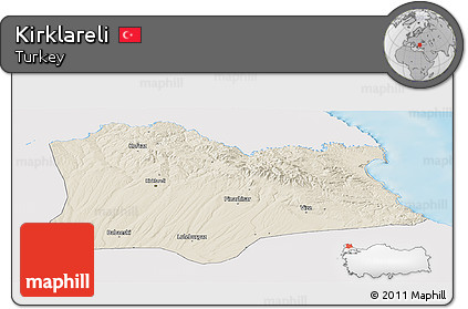 Shaded Relief Panoramic Map of Kirklareli, single color outside