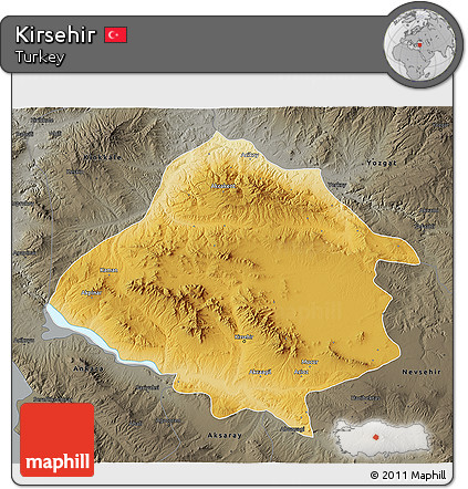 Physical 3D Map of Kirsehir, darken, semi-desaturated
