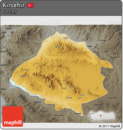 Physical 3D Map of Kirsehir, darken, semi-desaturated