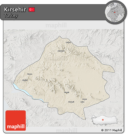 Shaded Relief 3D Map of Kirsehir, lighten, semi-desaturated