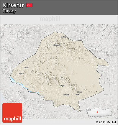Shaded Relief 3D Map of Kirsehir, lighten, semi-desaturated