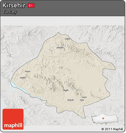 Shaded Relief 3D Map of Kirsehir, lighten, semi-desaturated