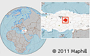 Gray Location Map of Kirsehir, highlighted country, hill shading