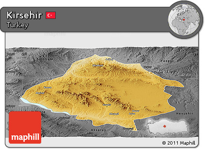 Physical Panoramic Map of Kirsehir, darken, desaturated
