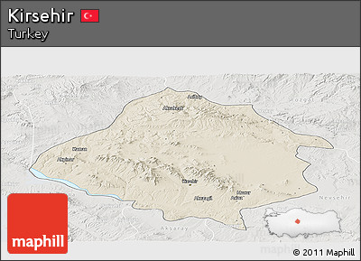 Shaded Relief Panoramic Map of Kirsehir, lighten, semi-desaturated