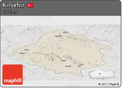 Shaded Relief Panoramic Map of Kirsehir, lighten, semi-desaturated