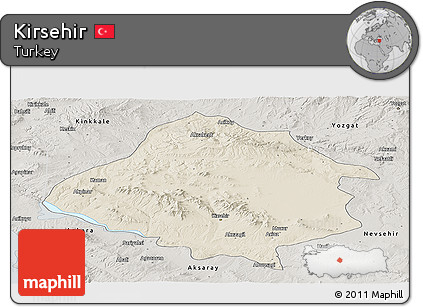 Shaded Relief Panoramic Map of Kirsehir, semi-desaturated