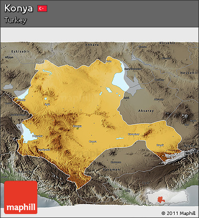 Physical 3D Map of Konya, darken, semi-desaturated